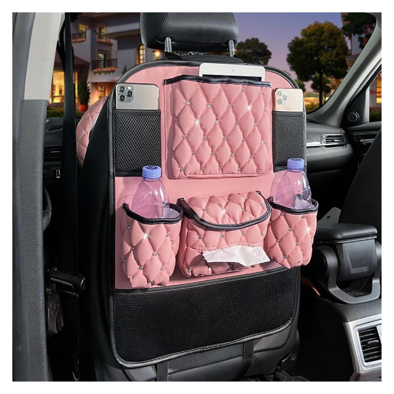 YINGWS Aufbewahrungstasche aus Leder for den Rücksitz im Auto, Diamant-Sitzlehne for Aufhängen, Papierhandtuch-Organizer, rosa, Telefon-Taschentuchhalter, Zubehör, Autoaufbewahrung, Rückseite des Sitz von YINGWS