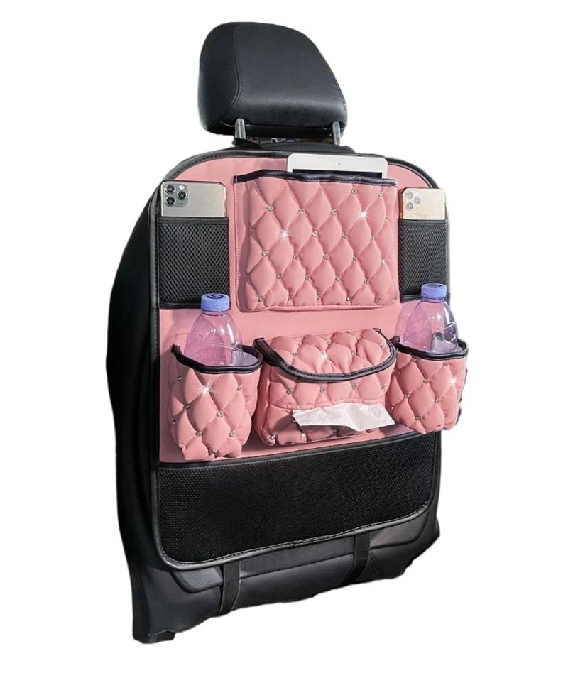 YINGWS Aufbewahrungstasche aus Leder for den Rücksitz im Auto, Diamant-Sitzlehne for Aufhängen, Papierhandtuch-Organizer, rosa, Telefon-Taschentuchhalter, Zubehör, Autoaufbewahrung, Rückseite des Sitz von YINGWS