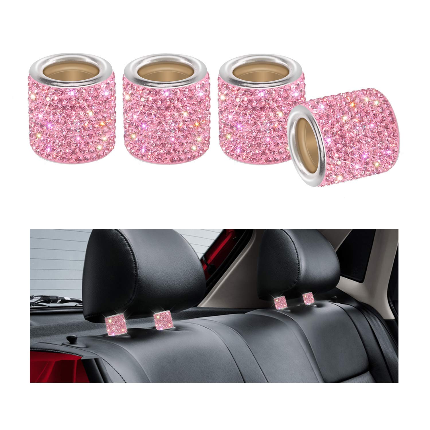 Auto Kopfstützen Halsbänder, YINUO 4 Stück Kristall Universal Chrom Auto Innendekoration Bling Auto Zubehör für Frauen - Rosa von YINUO