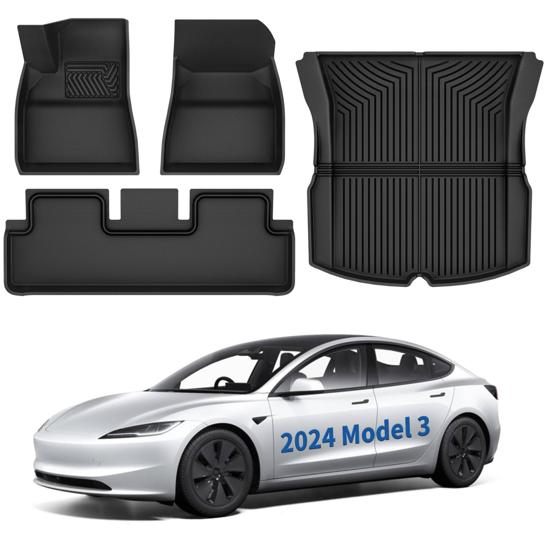 YITAHOME Tesla Model 3 Highland Fußmatten, Allwetter Anti-Rutsch Hochwandig 3D wasserdichte Allwetter-Innenmatten Antirutschmatten Set Kompatibel mit Nur Model 3 Highland 2024 (4 Stück Fußmatten) von YITAHOME