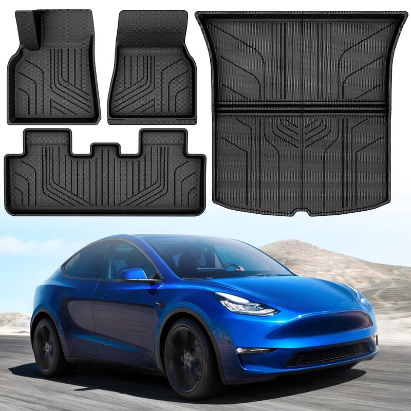 YITAHOME Tesla Model Y Fußmatten, Allwetter Anti-Rutsch Hochwandig 3D wasserdichte Gummimatten Bodenbeläge Set Kompatibel mit Model Y 2024 2023 2022 2021 2020 (4 Stück Fußmatten) von YITAHOME