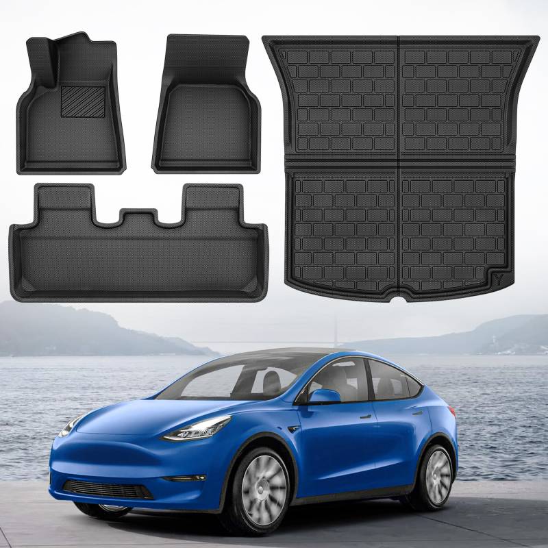 YITAHOME Tesla Model Y Fußmatten Frachtmatten Allwetter Anti-Rutsch Hochwandig 3D wasserdichte Innenraum Bodenbeläge Set Kompatibel mit Model Y 2024 2023 2022 2021 2020 (4 Stück Fußmatten) von YITAHOME