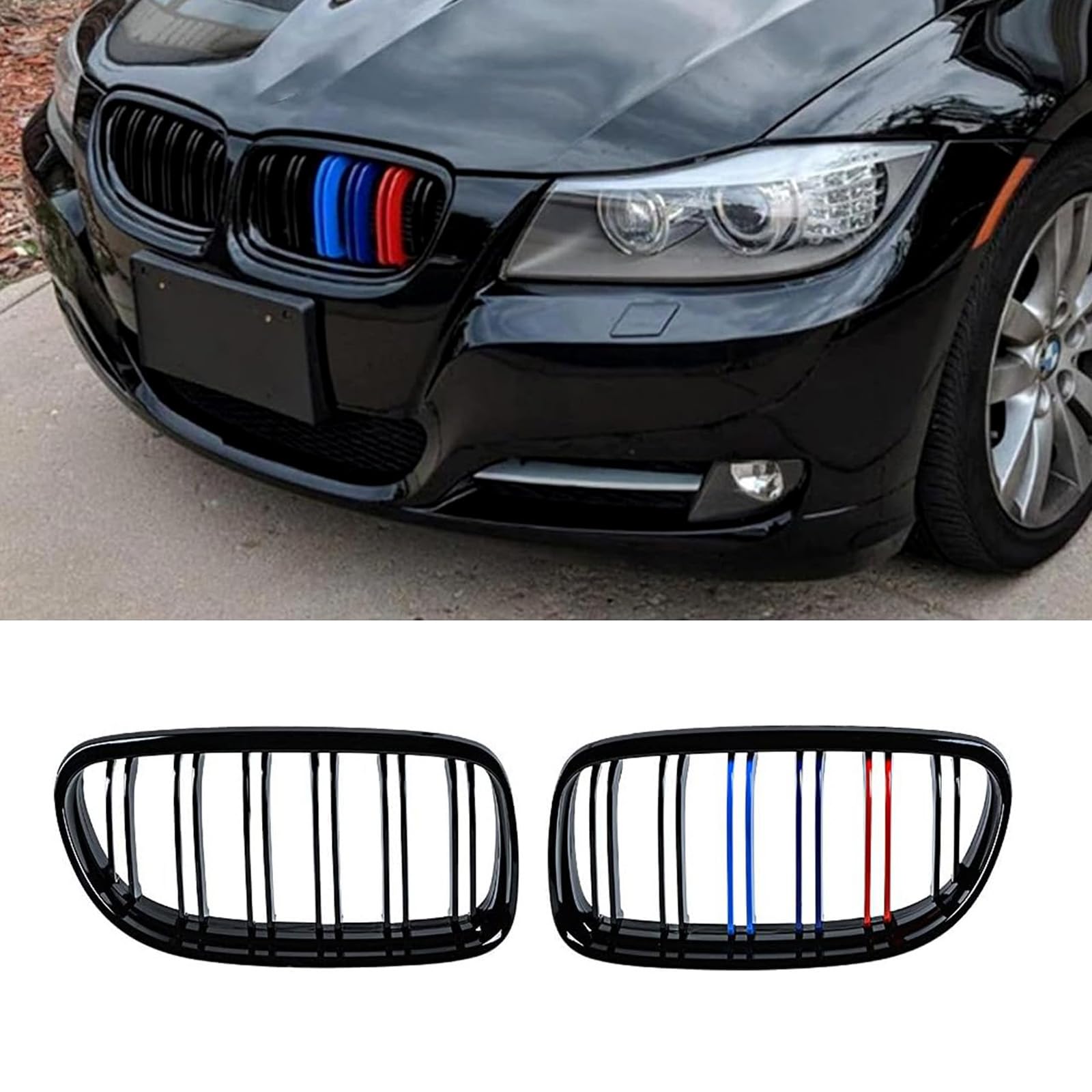 YIUBCZOQI Kühlergrill Passend für BMW E90 E91 LCI Bj 2009-2012 Glanz Kühler Front Doppel Rippen Grill Glänzend Nieren Doppelsteg Schwarz Grille von YIUBCZOQI