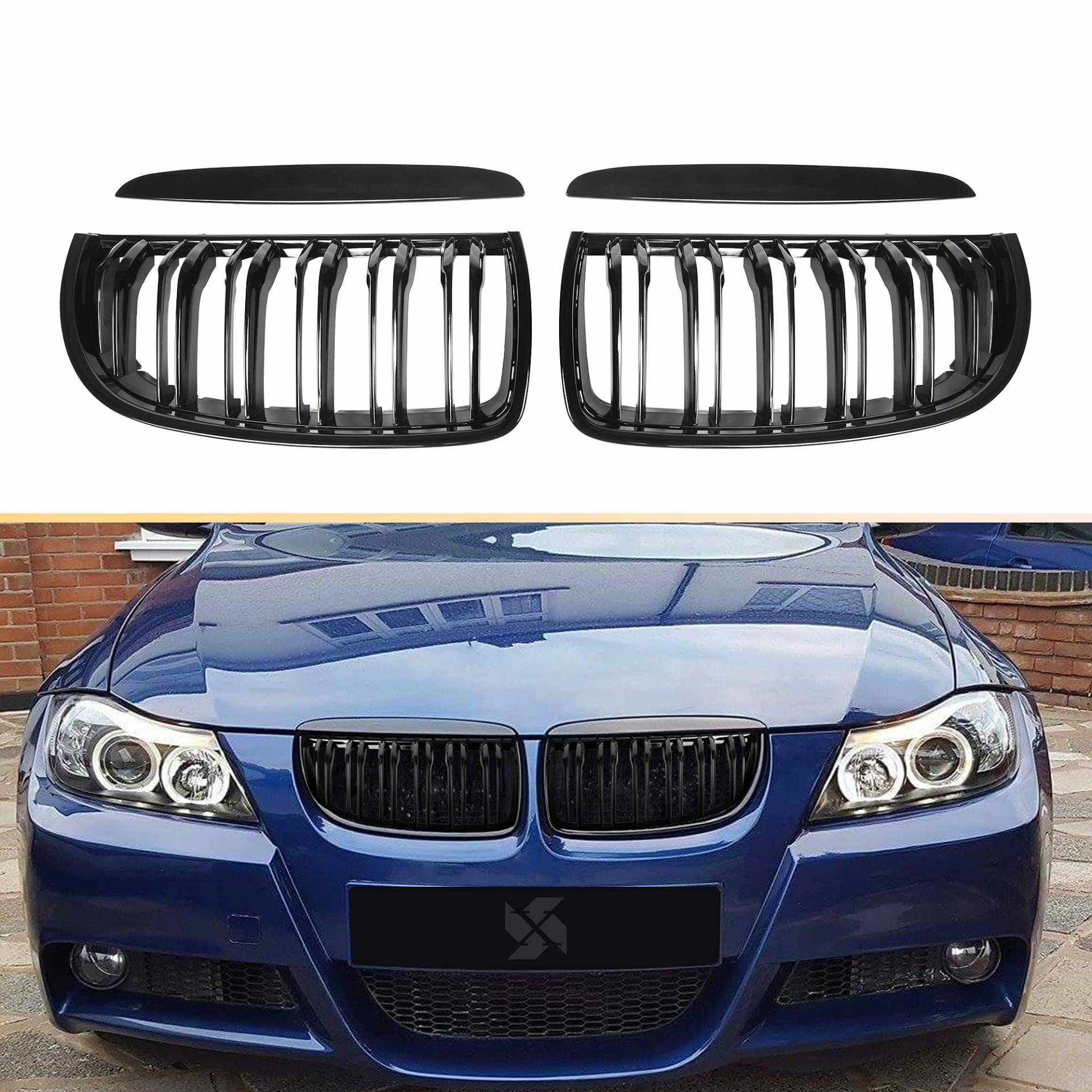 YIUBCZOQI E90 Nieren Schwarz,Kühlergrill für BMW 3er E90 E91 2005-2008 E91 Doppelsteg Nieren Sport Grill von YIUBCZOQI