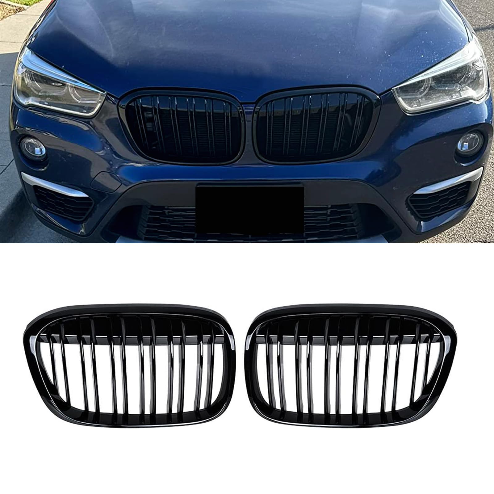 YIUBCZOQI F48 Kühlergrill Passend für BMW X1 F48 F49 2016 2017 2018 2019 Schwarz Glanz Kühler Front Doppel Rippen Grill Kühlergrill von YIUBCZOQI