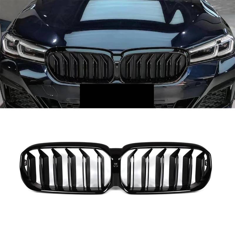 YIUBCZOQI G30 Kühlergrill, vorderer Nieren Grill passend für BMW 5er G30 G31 LCI Nieren Schwarz Doppellamellen schwarz glänzende Grills 2021 2022 2023 von YIUBCZOQI