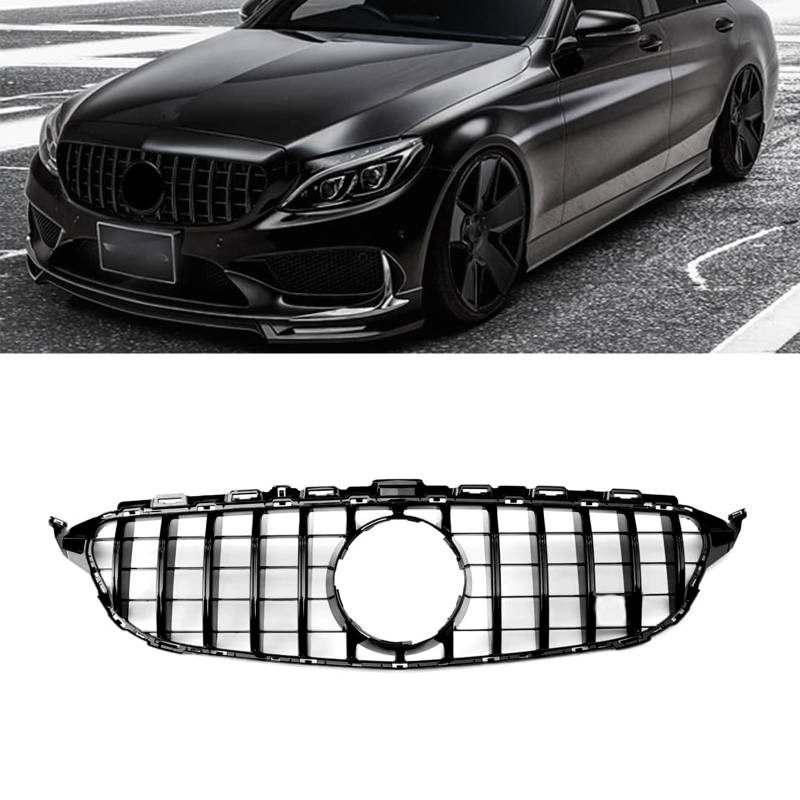 YIUBCZOQI W205 Kühlergrill, GTR GT Style Frontgrill für Mercedes C-class W205 S205 C180 C200 C250 C300 C350 C400 C43 2015-2018 Schwarz glänzend（Nicht passen C63，ohne Kamera） von YIUBCZOQI