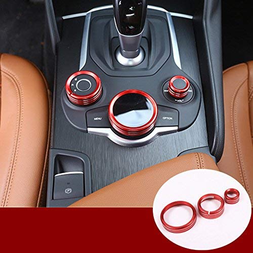 YIWANG Aluminiumlegierung Innenzubehör Center Control Multimedia Knopf Ring Dekoration Rahmenabdeckung Zierleiste 3 Stück Für Giulia Stelvio 2017-2020 Autozubehör (Rot) von YIWANG