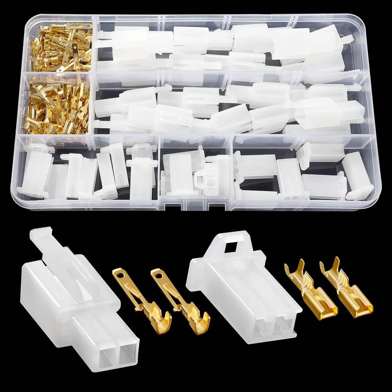 YIXISI 120 Stücke 2 Pin Automotive Elektrokabel Steckverbinder Kit, 2.8mm Pitch Männlich Weiblich Stecker Gehäuse und Pin Header Crimp Kabelklemmen, für Motorrad, Fahrrad, Auto, Boote (Weiß) von YIXISI