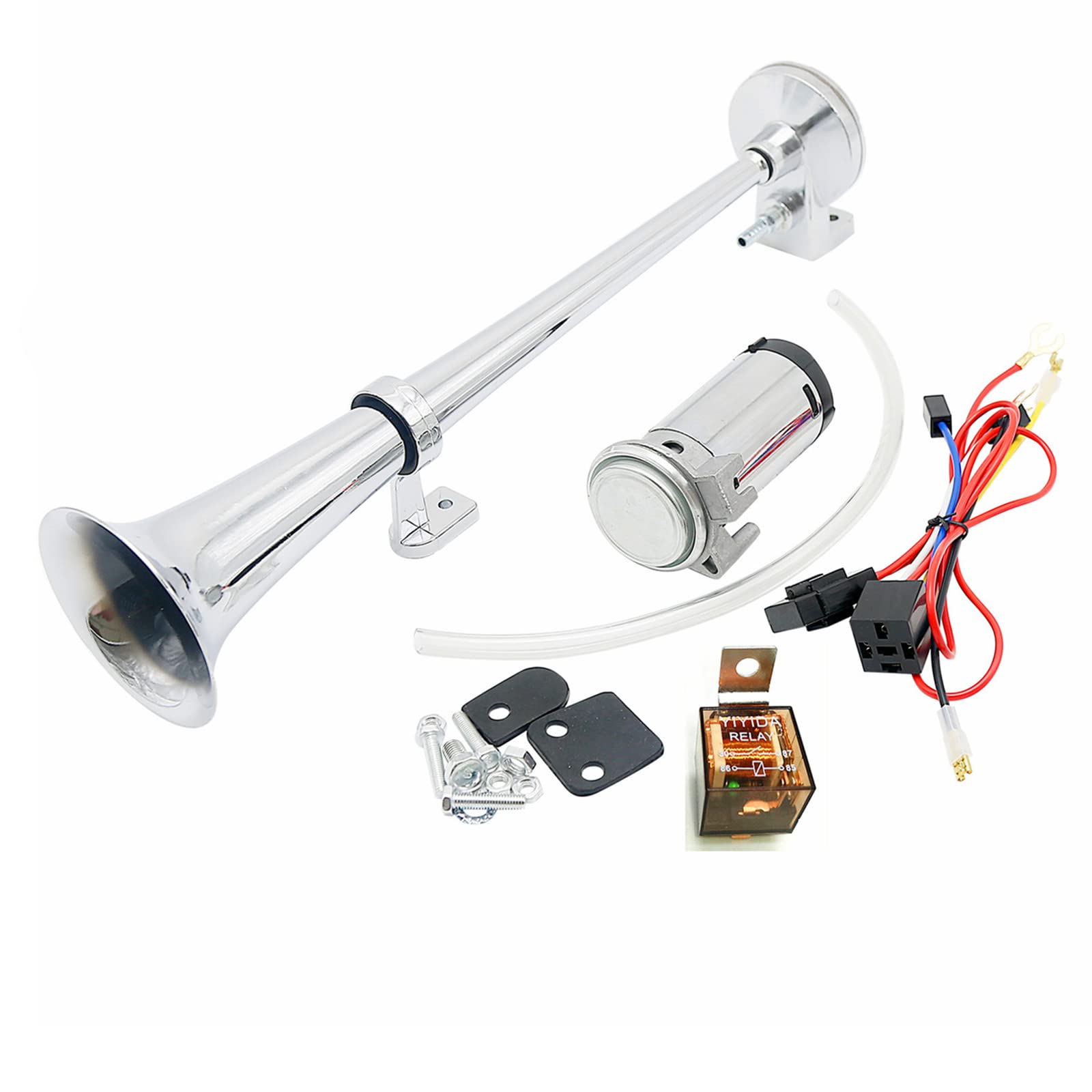 YIYIDA Air Horn Lufthorn 24V Car Horn 150dB Autohupe Silber 45cm Lautsprecher Chrom Zink Single Trumpet LKW Horn mit Kompressor Luftpumpe Auto Airhorn für alle 24V Autos LKW Zugboot Motorrad ect von YIYIDA