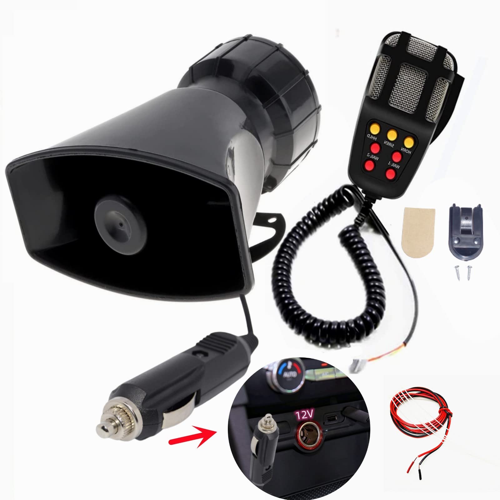 YIYIDA Car Horn Autohupe einfache Verbindung Schließen Sie den Zigarettenanzünder des Autos an 130db Alarm Hupe Auto Sirene mit Mikrofon PA-Lautsprechersystem 7 Töne LKW Hupe für 12V Auto Boot etc von YIYIDA