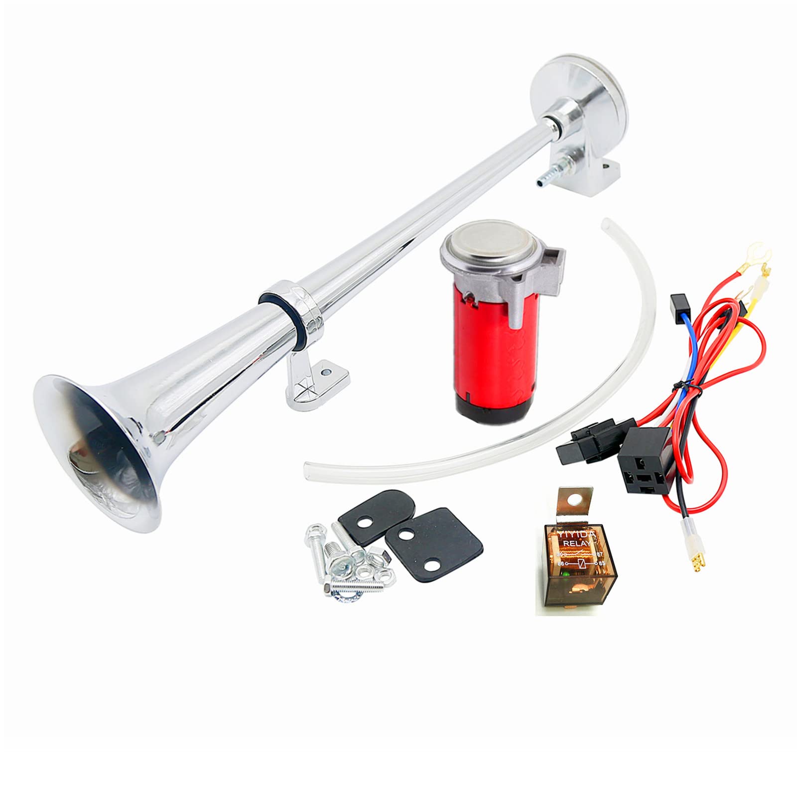 YIYIDA Autohupe Air Horn Lufthupe 150DB Hupe 45cm LKW-Hupe Autolautsprecher Chrom Zink Einzeltrompete Rote Laute Hupe mit Car Horn Luftpumpenkompressor LKW-Hupe für 24V Car LKW Auto boot ect von YIYIDA