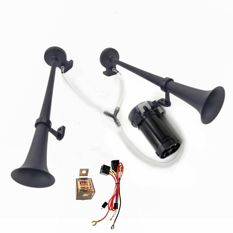 YIYIDA Autohupe Schiffshupe Air Horn 12V Hoher und niedriger Ton Doppelrohr Zink Chrom elektrische Hupe Lufthupe schwarz 170db Car Horn Wasserdicht Lautsprecher LKW Hupe für 12V Auto Moto Boot usw von YIYIDA