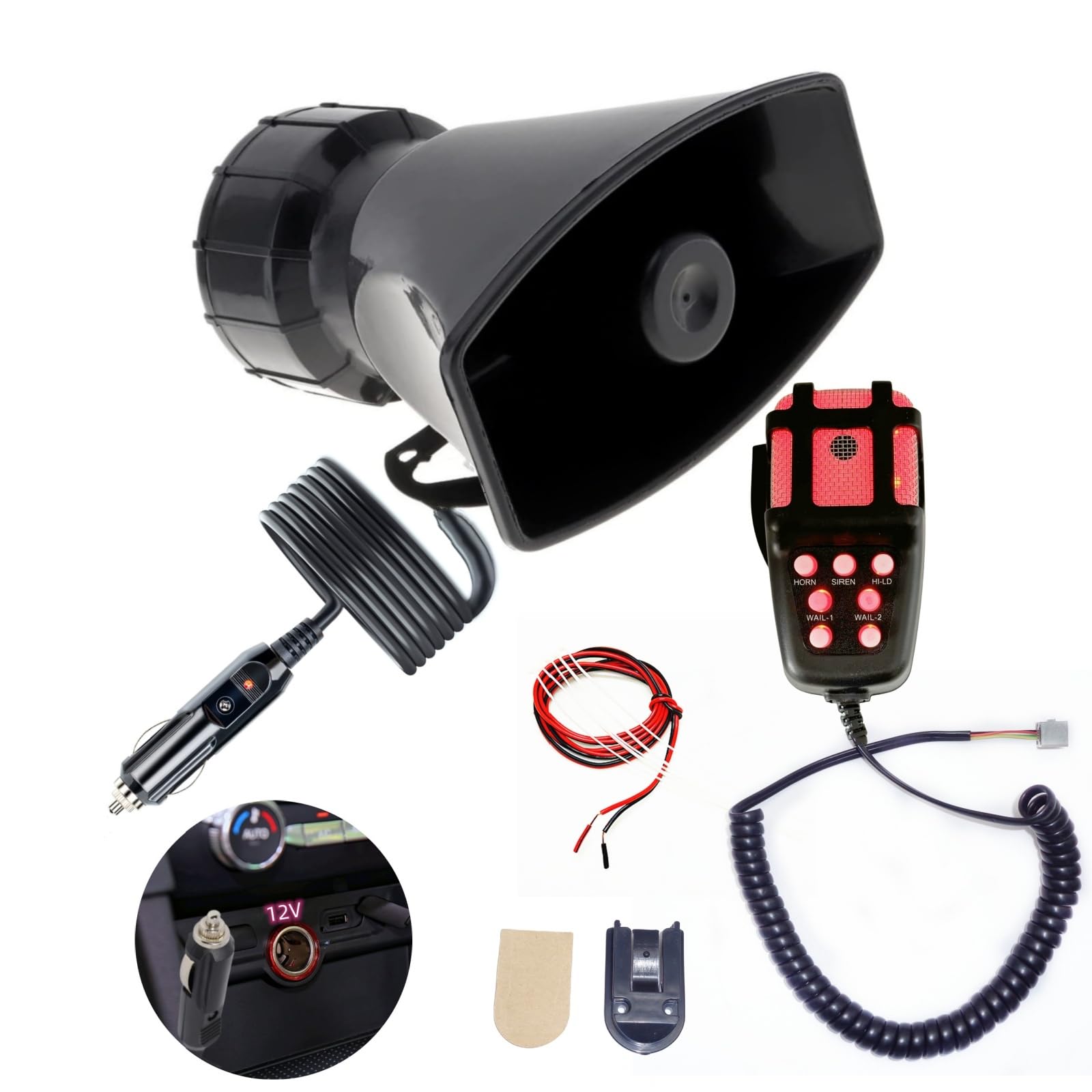 YIYIDA Autohupe Sirene Horn 7-Töne rotes Licht und schwarzes Horn Anschluss Auto Zigarettenanzünder 135db Lufthorn Notfall Sound Verstärker mit Mic PA System Alarmhorn für 12V Auto LKW Schiff etc von YIYIDA