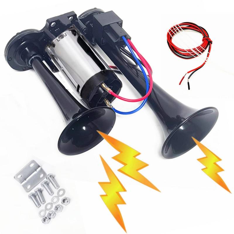 YIYIDA Car Horn Autohupe Lufthorn Doppelrohr 12V Air Horn Lauter Klang Lautsprecher silber schwarze Kombination Trompete Hohe und Niedrige Ton elektrische Horn Alarmhorn für 12V Auto LKW Schiff etc von YIYIDA