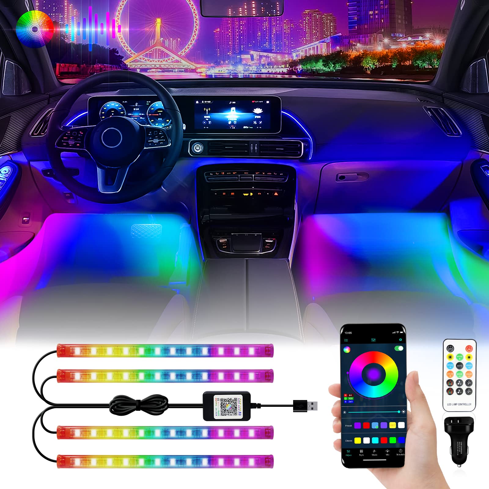 YM E-Bright Ambientebeleuchtung Auto, Fußraumbeleuchtung Auto, Auto Zubehör Innenraum Strip Wasserdicht Beleuchtung APP Steuerbare Mehrfarbig Musik mit Zigarettenanzünder, USB-Port von YM E-Bright