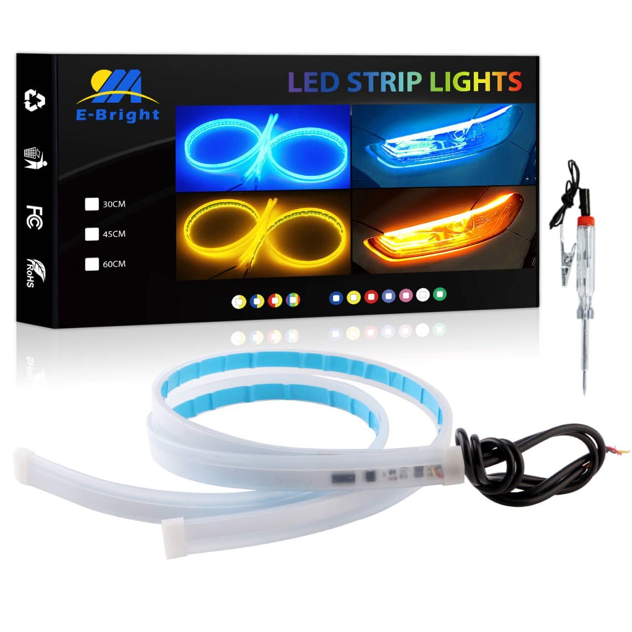 YM E-Bright DRL Streifen Lichter für Autos, SUV, Motorrad Tagfahrlichter Turn Signal Birne DRL Sequential Switchback Streifen Bernstein/Gelb/Blau (2Pcs 60CM/24 Zoll) von YM E-Bright