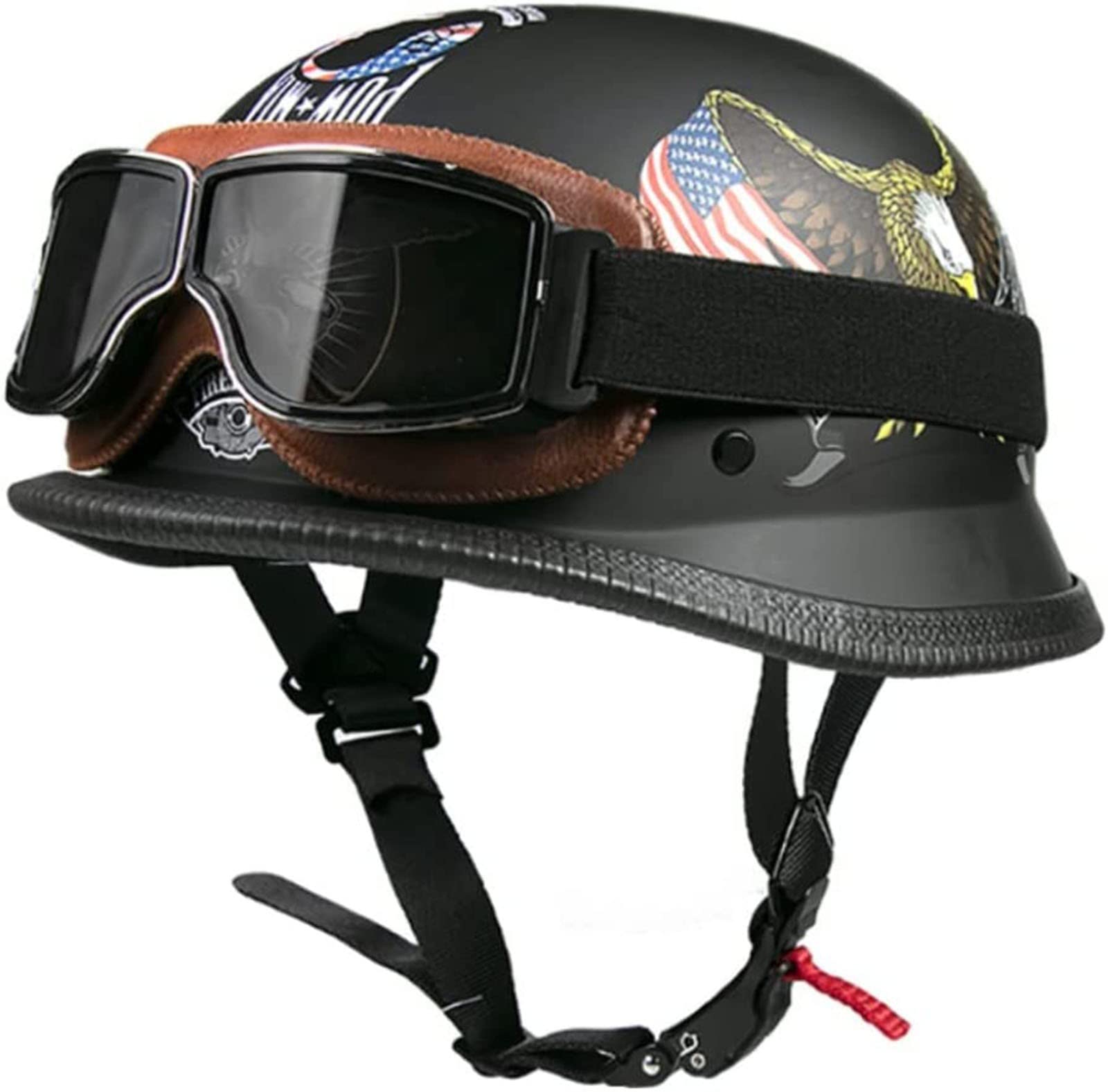 Deutsche Motorrad Halbhelme Retro Halbschalenhelm JetHelm mit Retro-Brille Schnellverschluss Schnalle für Cruiser Chopper Biker Moped DOT/ECE-Zulassung C,XXL von YMCXZDP