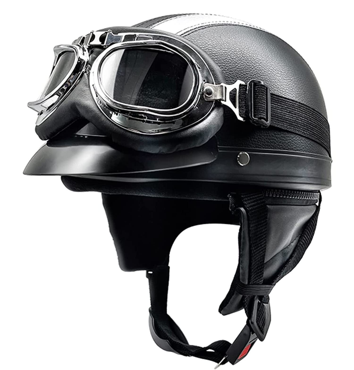 Retro Motorrad Halbhelme Leder Halbhelm Deutscher Stil Roller Cruiser Chopper Anti-Collision Helm Abnehmbarer Gehörschutz mit Visier ECE Zertifiziert Roller-Helm Scooter Mofa-Helm 10,L=54-62 von YMCXZDP