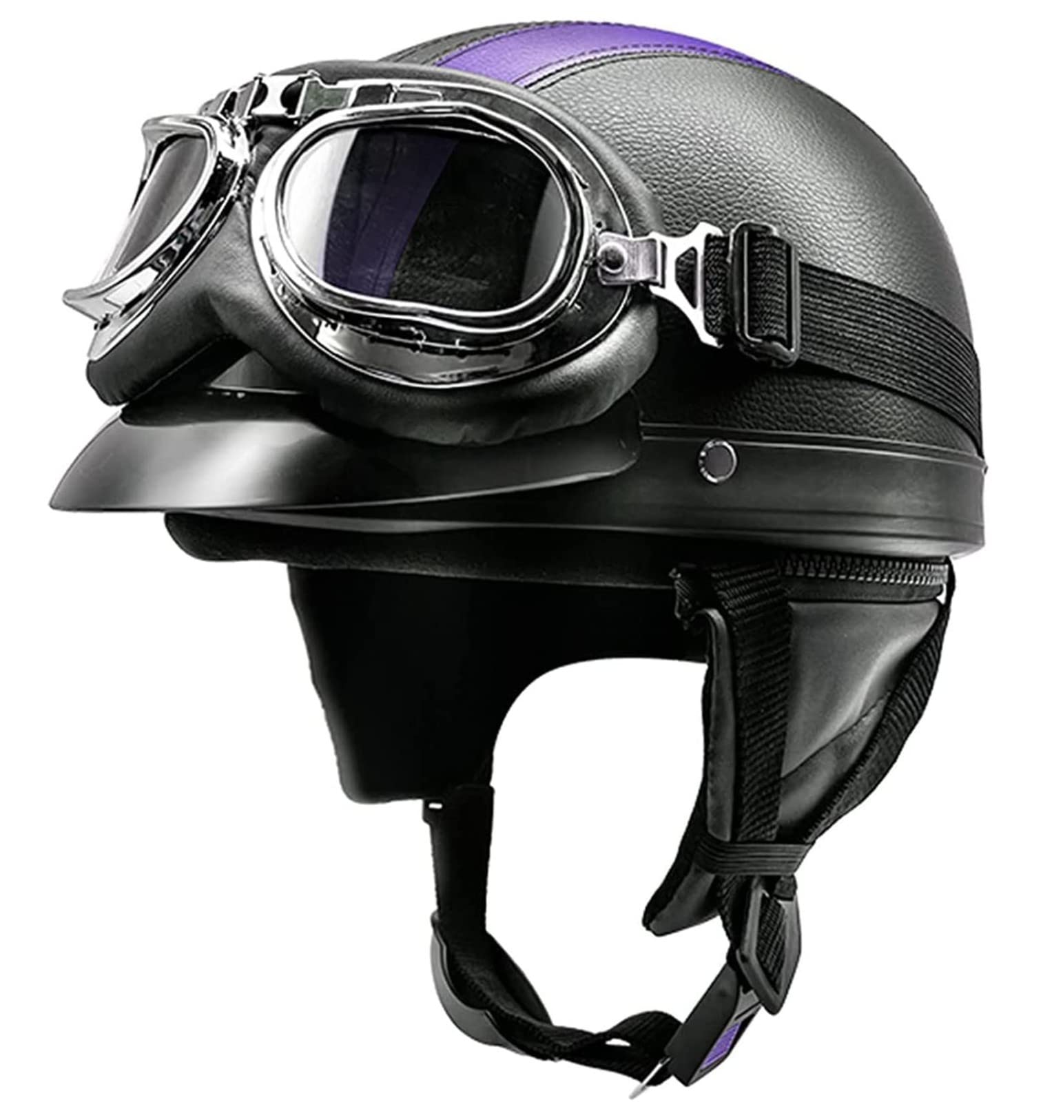 Retro Motorrad Halbhelme Leder Halbhelm Deutscher Stil Roller Cruiser Chopper Anti-Collision Helm Abnehmbarer Gehörschutz mit Visier ECE Zertifiziert Roller-Helm Scooter Mofa-Helm 2,L=54-62 von YMCXZDP