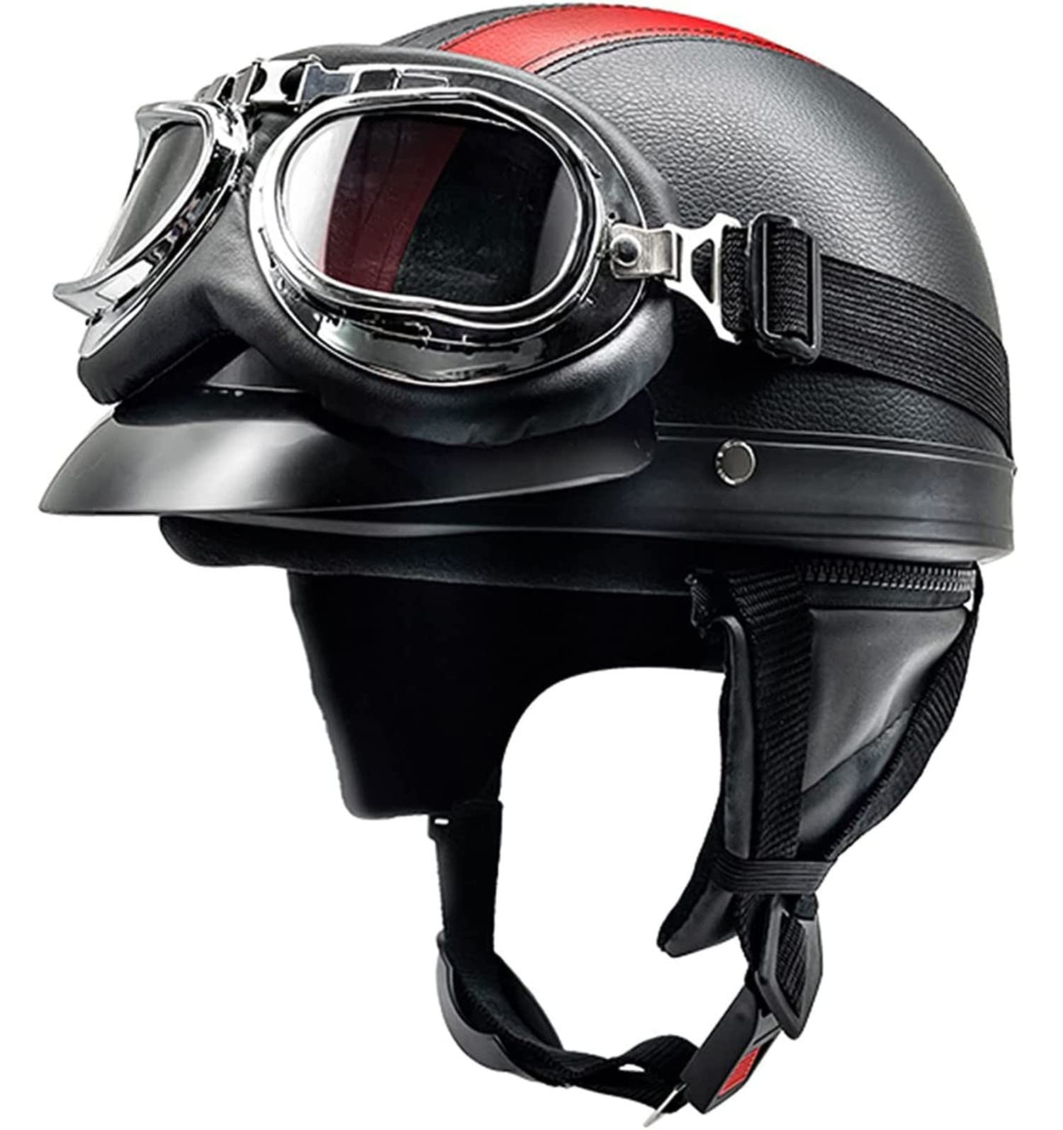 Retro Motorrad Halbhelme Leder Halbhelm Deutscher Stil Roller Cruiser Chopper Anti-Collision Helm Abnehmbarer Gehörschutz mit Visier ECE Zertifiziert Roller-Helm Scooter Mofa-Helm 3,L=54-62 von YMCXZDP