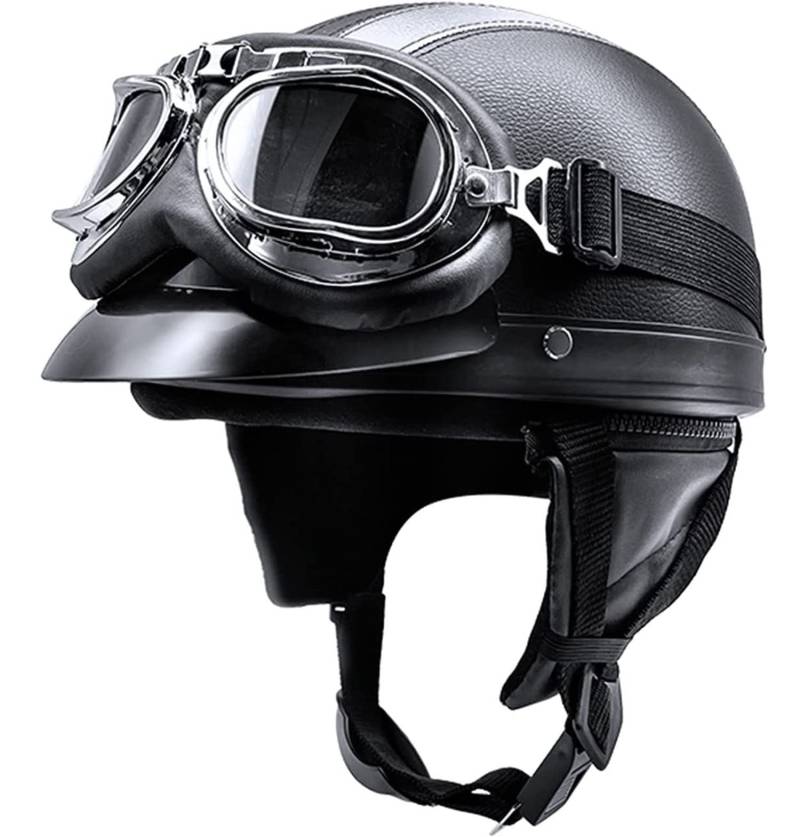 Retro Motorrad Halbhelme Leder Halbhelm Deutscher Stil Roller Cruiser Chopper Anti-Collision Helm Abnehmbarer Gehörschutz mit Visier ECE Zertifiziert Roller-Helm Scooter Mofa-Helm 4,L=54-62 von YMCXZDP