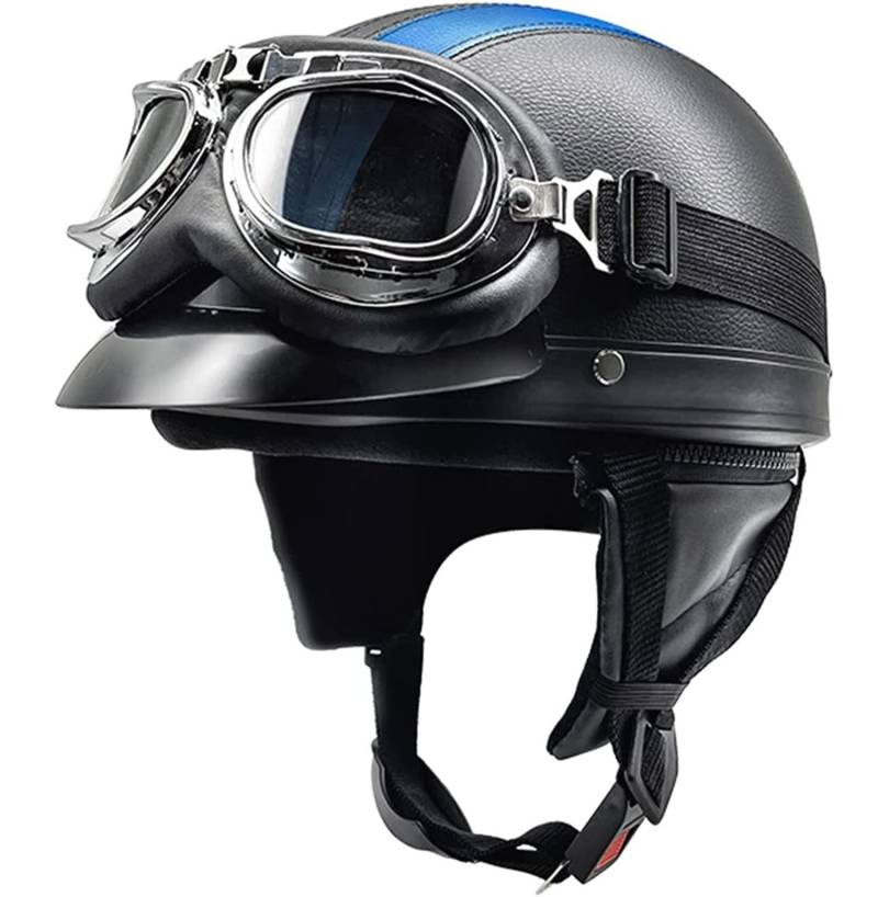 Retro Motorrad Halbhelme Leder Halbhelm Deutscher Stil Roller Cruiser Chopper Anti-Collision Helm Abnehmbarer Gehörschutz mit Visier ECE Zertifiziert Roller-Helm Scooter Mofa-Helm 5,L=54-62 von YMCXZDP