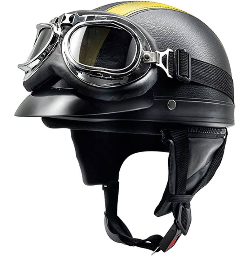 Retro Motorrad Halbhelme Leder Halbhelm Deutscher Stil Roller Cruiser Chopper Anti-Collision Helm Abnehmbarer Gehörschutz mit Visier ECE Zertifiziert Roller-Helm Scooter Mofa-Helm 6,L=54-62 von YMCXZDP