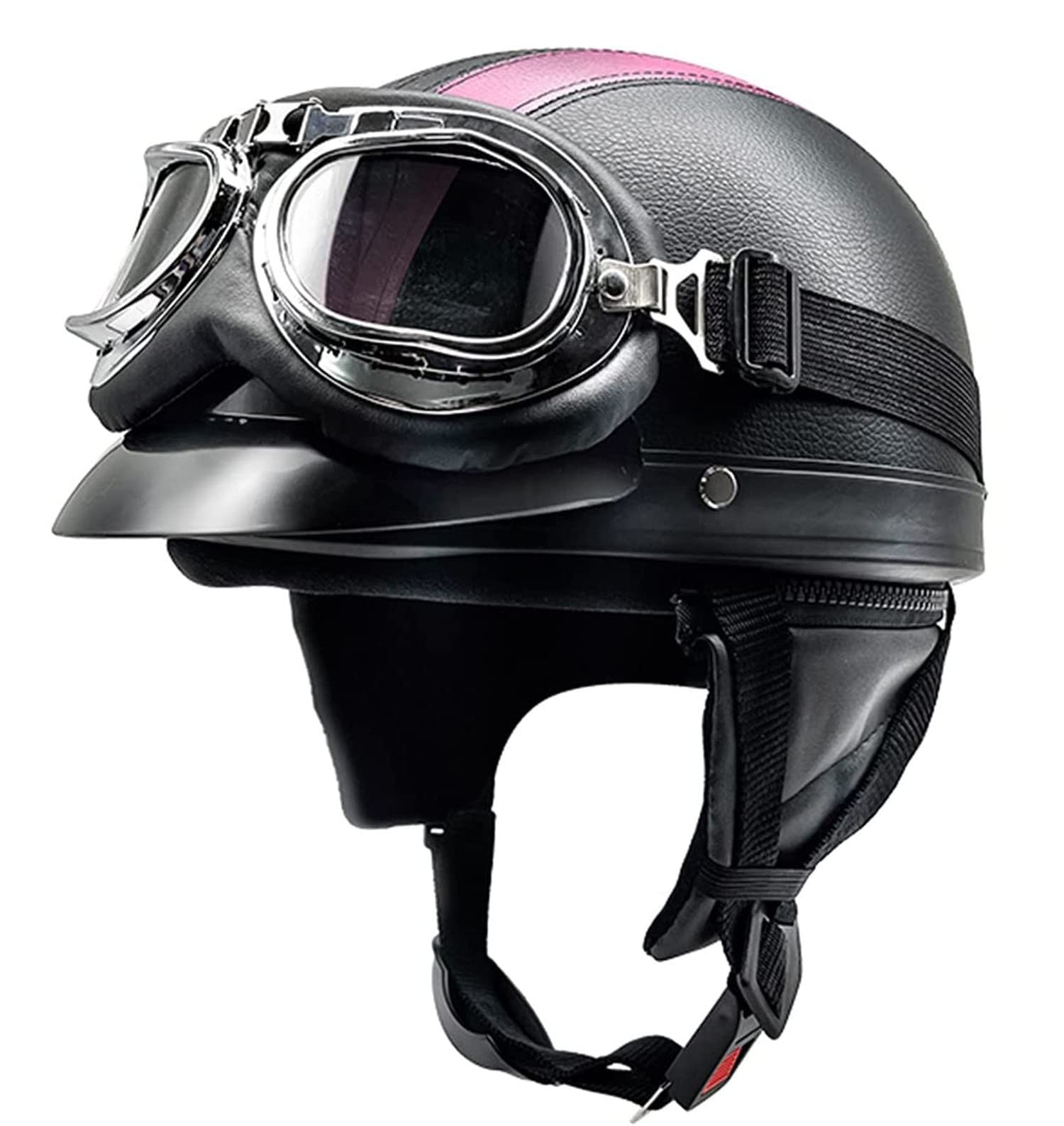 Retro Motorrad Halbhelme Leder Halbhelm Deutscher Stil Roller Cruiser Chopper Anti-Collision Helm Abnehmbarer Gehörschutz mit Visier ECE Zertifiziert Roller-Helm Scooter Mofa-Helm 7,L=54-62 von YMCXZDP