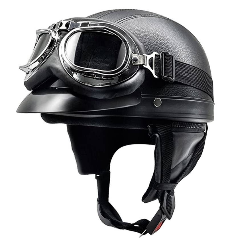 Retro Motorrad Halbhelme Leder Halbhelm Deutscher Stil Roller Cruiser Chopper Anti-Collision Helm Abnehmbarer Gehörschutz mit Visier ECE Zertifiziert Roller-Helm Scooter Mofa-Helm 8,L=54-62 von YMCXZDP