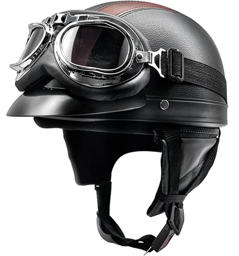 Retro Motorrad Halbhelme Leder Halbhelm Deutscher Stil Roller Cruiser Chopper Anti-Collision Helm Abnehmbarer Gehörschutz mit Visier ECE Zertifiziert Roller-Helm Scooter Mofa-Helm 9,L=54-62 von YMCXZDP