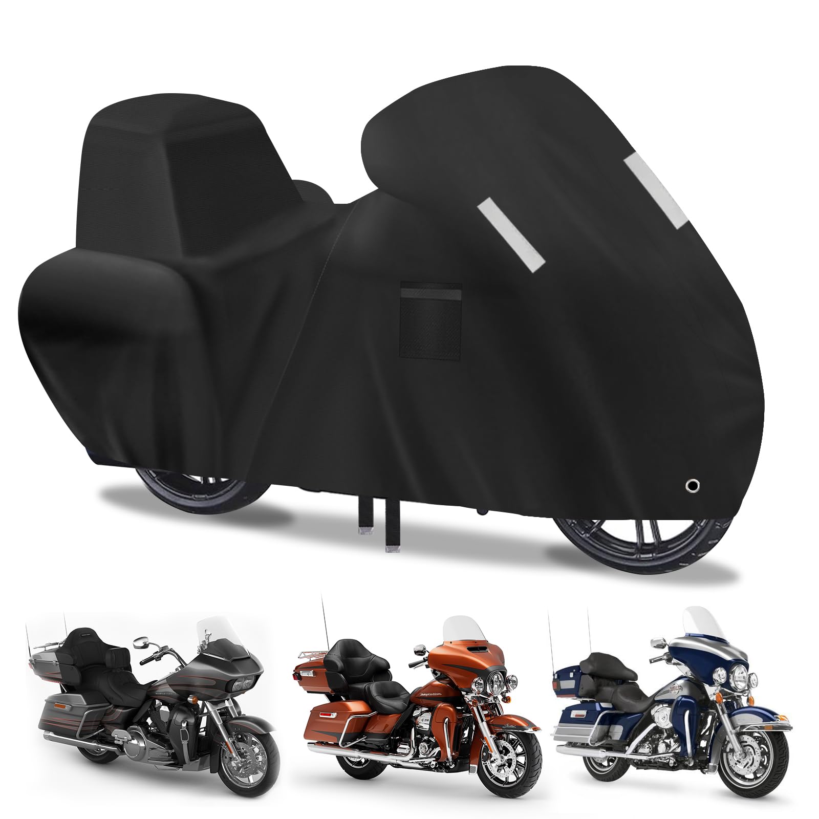 Motorrad abdeckplane,motorradplane mit Belüftungsöffnungen und reflektierenden Streifen,Wasserdicht und UV-beständig motorradabdeckung,250 x 150 x 145/120 cm(Oben Box+Seite Box Ausführung) (Schwarz) von YMPPMKN