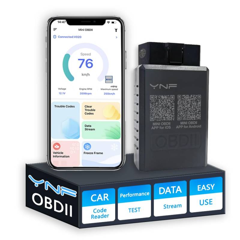 YNF OBD2-Scanner-Lesegerät, Bluetooth, kabelloses Autodiagnose-Scan-Tool für iOS und Android zum Leistungstest, Löschen von Fehlercodes, Live-Daten-Reset, Exklusive App von YNF