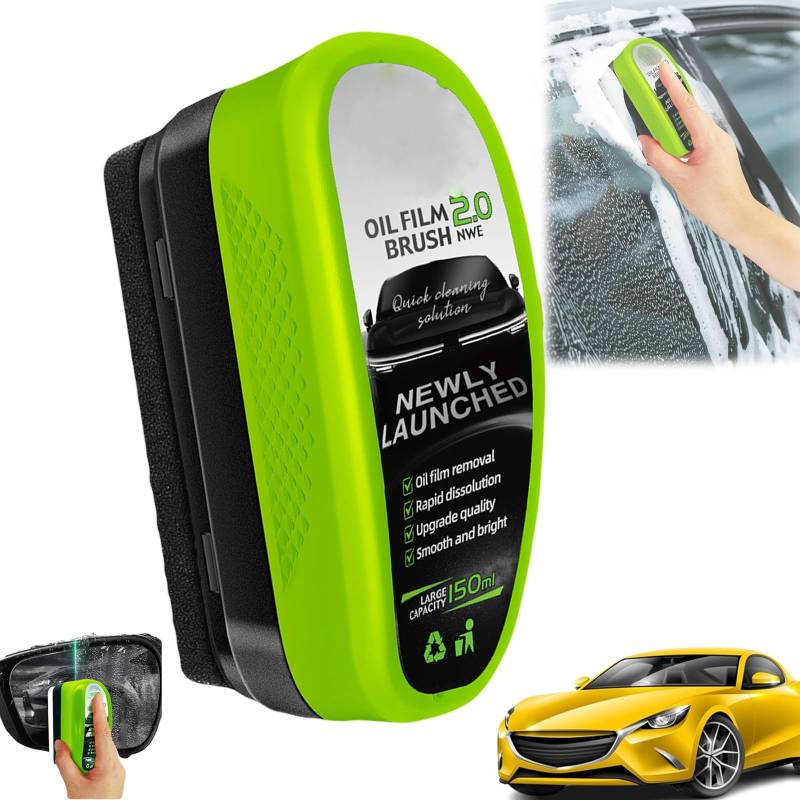 2025 New 2.0 Green Oil Film Wipe, Automotive Oil Film Cleaning Brush, 150ml Oil Film Remover for car, Windshield Cleaner Tool, Glass Oil Film Remover, Improves Clarity (1pcs) von YOHFRFGX