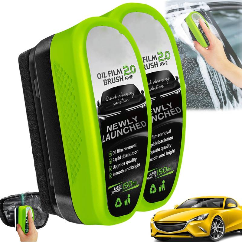 2025 New 2.0 Green Oil Film Wipe, Automotive Oil Film Cleaning Brush, 150ml Oil Film Remover for car, Windshield Cleaner Tool, Glass Oil Film Remover, Improves Clarity (2pcs) von YOHFRFGX