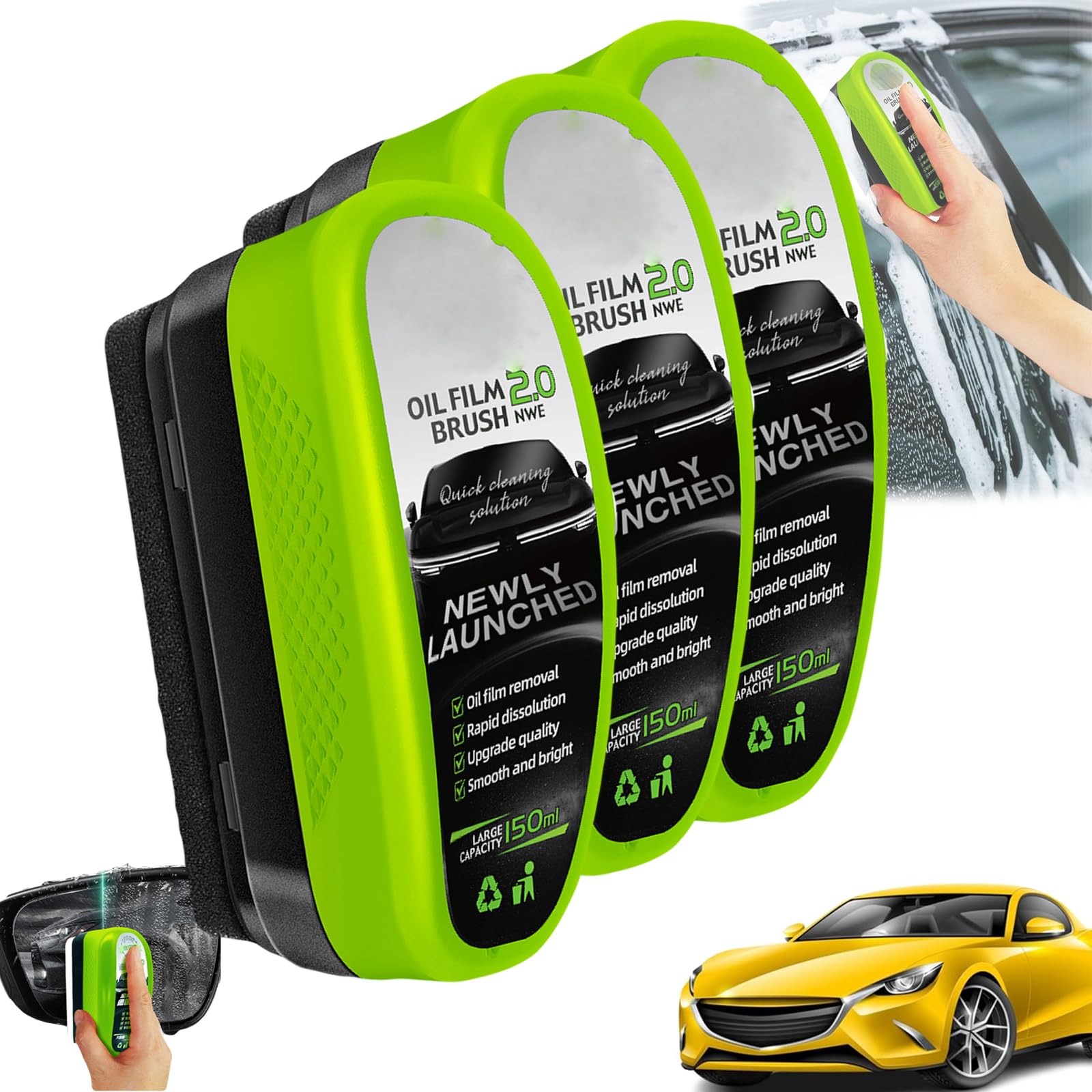 2025 New 2.0 Green Oil Film Wipe, Automotive Oil Film Cleaning Brush, 150ml Oil Film Remover for car, Windshield Cleaner Tool, Glass Oil Film Remover, Improves Clarity (3pcs) von YOHFRFGX