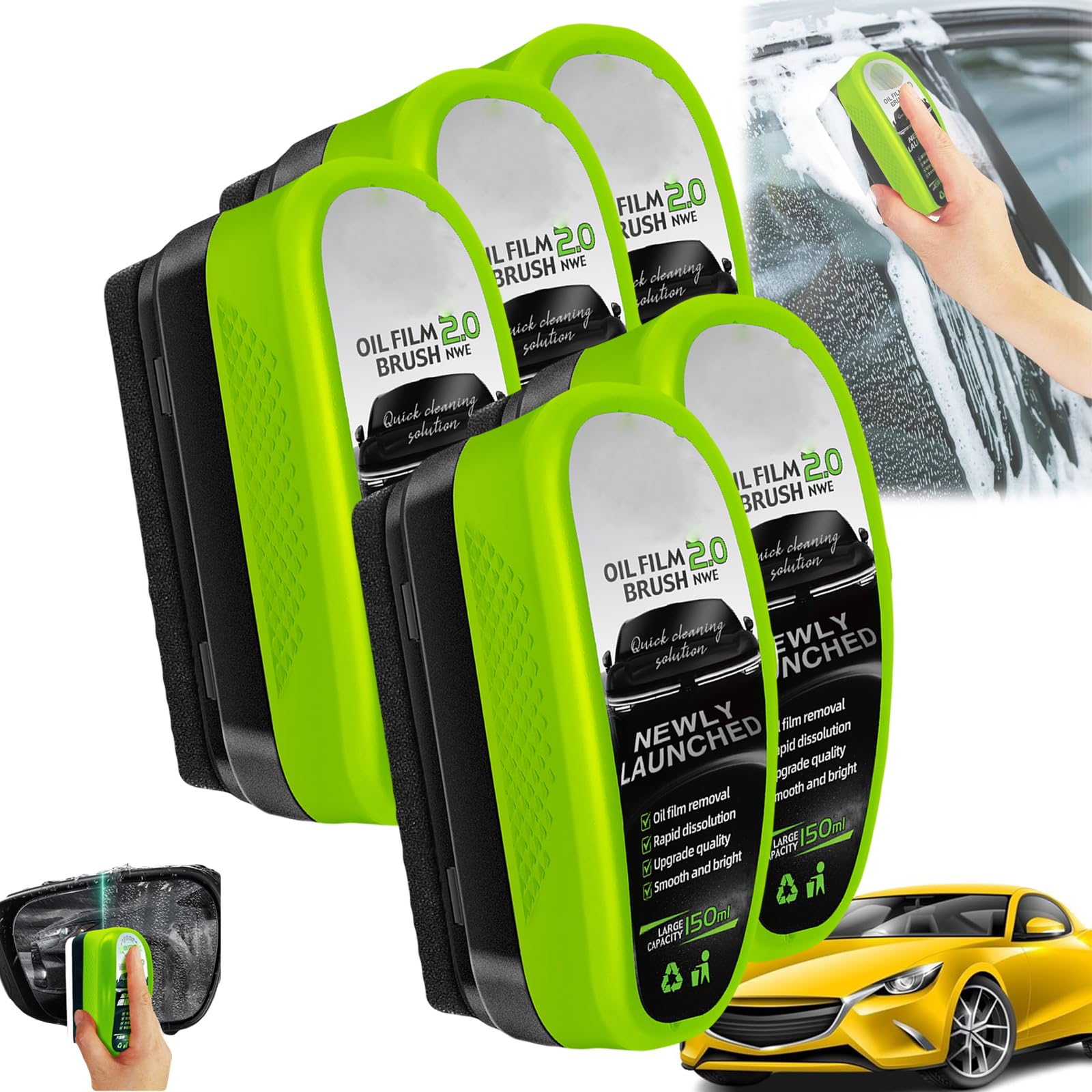 2025 New 2.0 Green Oil Film Wipe, Automotive Oil Film Cleaning Brush, 150ml Oil Film Remover for car, Windshield Cleaner Tool, Glass Oil Film Remover, Improves Clarity (5pcs) von YOHFRFGX