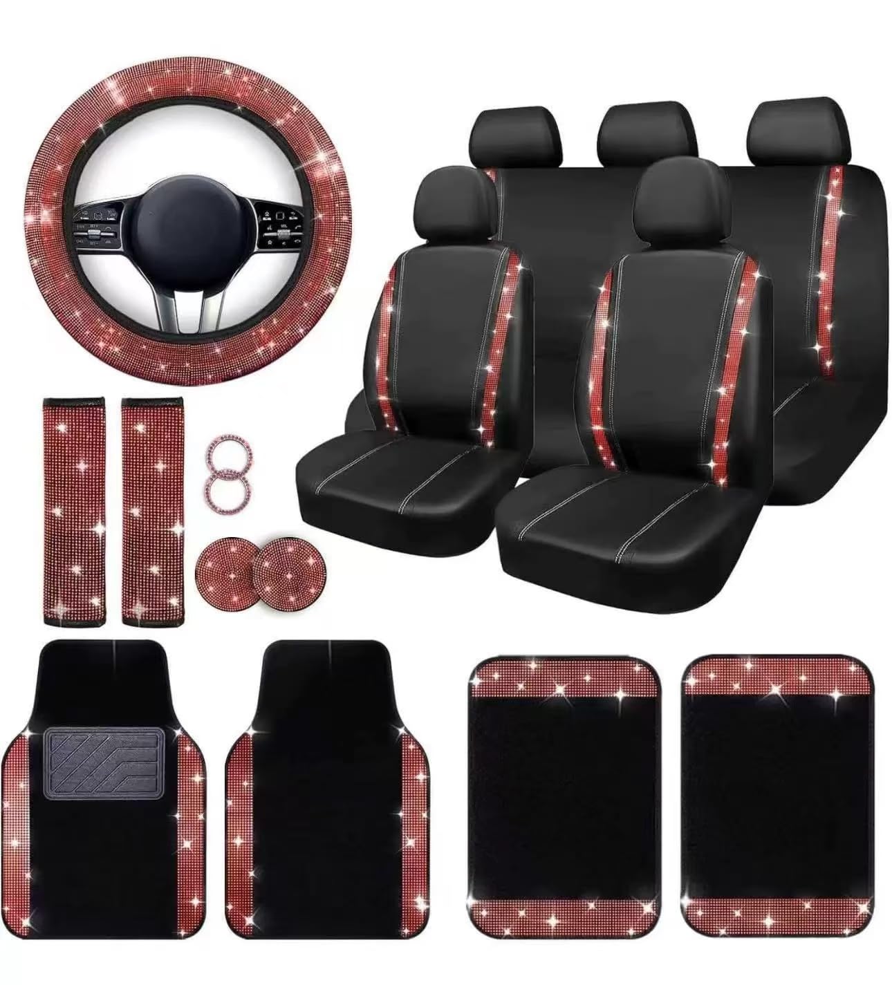 YOINT 20 Teiliges Universal Auto Innenzubehör für Mitsubishi Colt Z30 / Colt ClearTec 2004-2012, mit Autositzbezüge Lenkradbezug Untersetzer Auto Fußmatten,D/Black-Red von YOINT