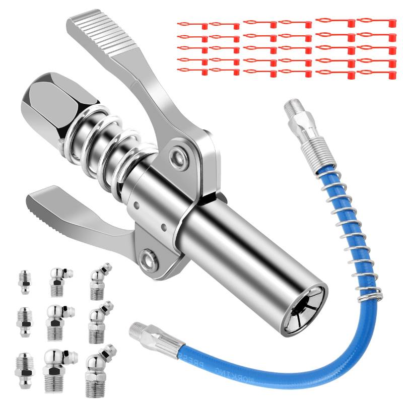 Fettpresse Mundstück, Fettpresse Schlauch mit 30cm Schlauch und M6 M8 M10 Schmiernippel, Doppelgriff G Coupler für Fettpresse, Rostfreie Stähle Fettpresse Kupplung für Standard M6/M8/M10/M12/M14 von YONGQING