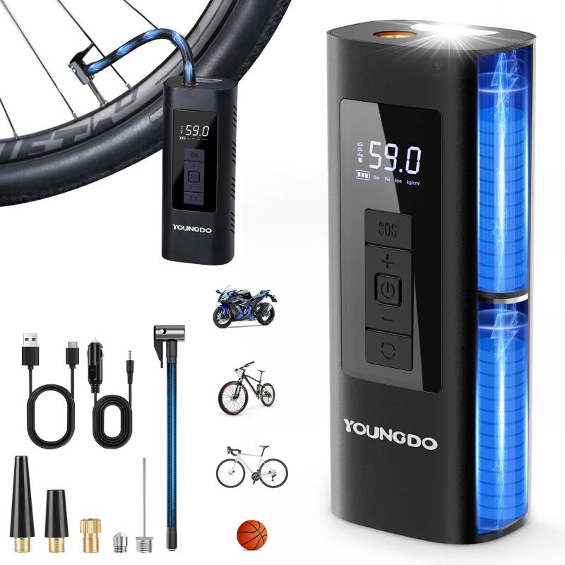 Elektrische Luftpumpe, YOUNGDO Fahrradpumpe, Luftpumpe Fahrrad 150PSI, Akku Kompressor 6000mAh, Fahrradpumpe alle Ventile für Fahrrad, Motorrad, Auto von YOUNGDO