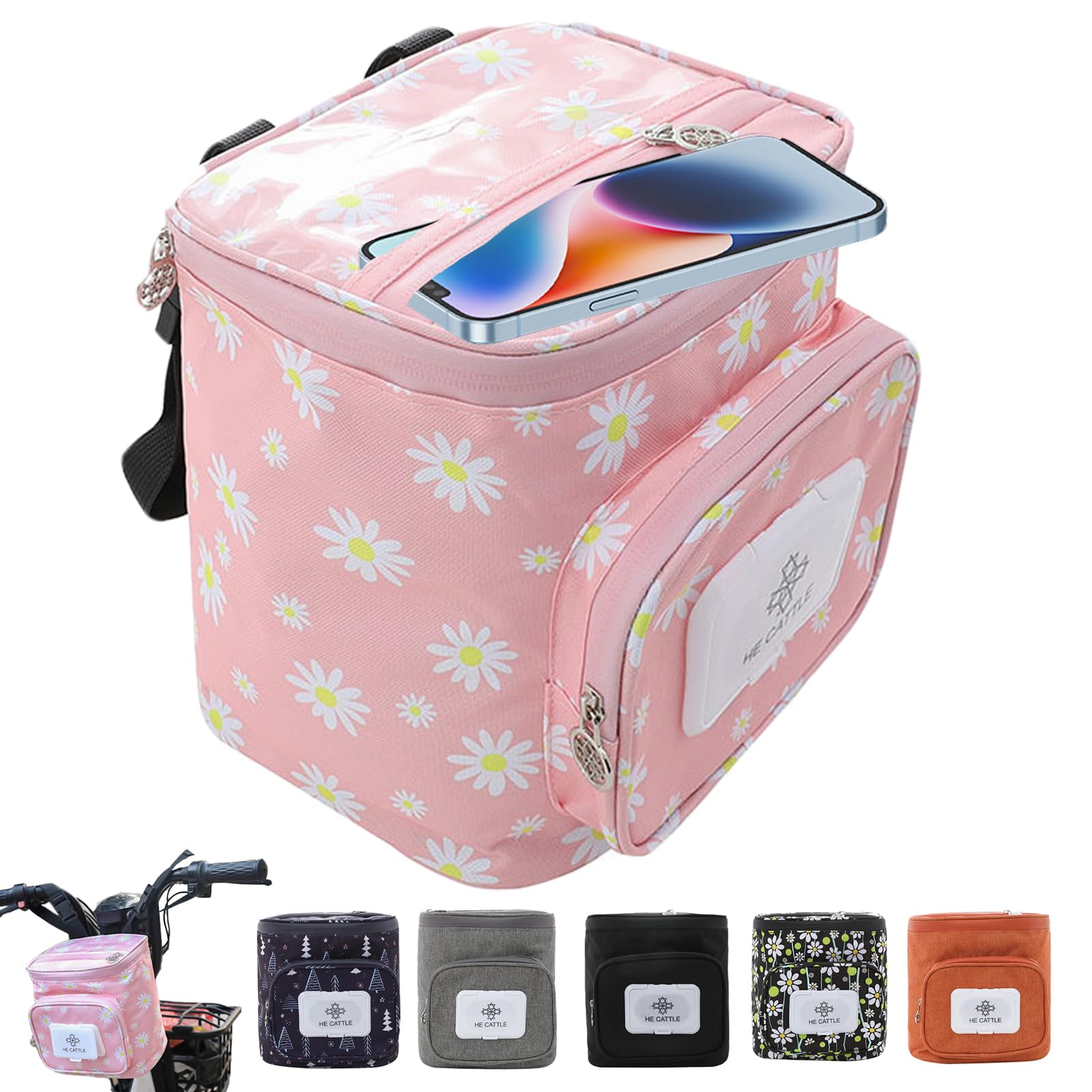 YOUYIKE Fahrradkorb vorne Tasche, Wasserdichter Fahrradkorb Tasche, Fahrradtasche Fahrradkorb Lenkerkorb fur Kinderfahrrad Roller Laufrad Dreirad Scooter (Pinke Blumen) von YOUYIKE