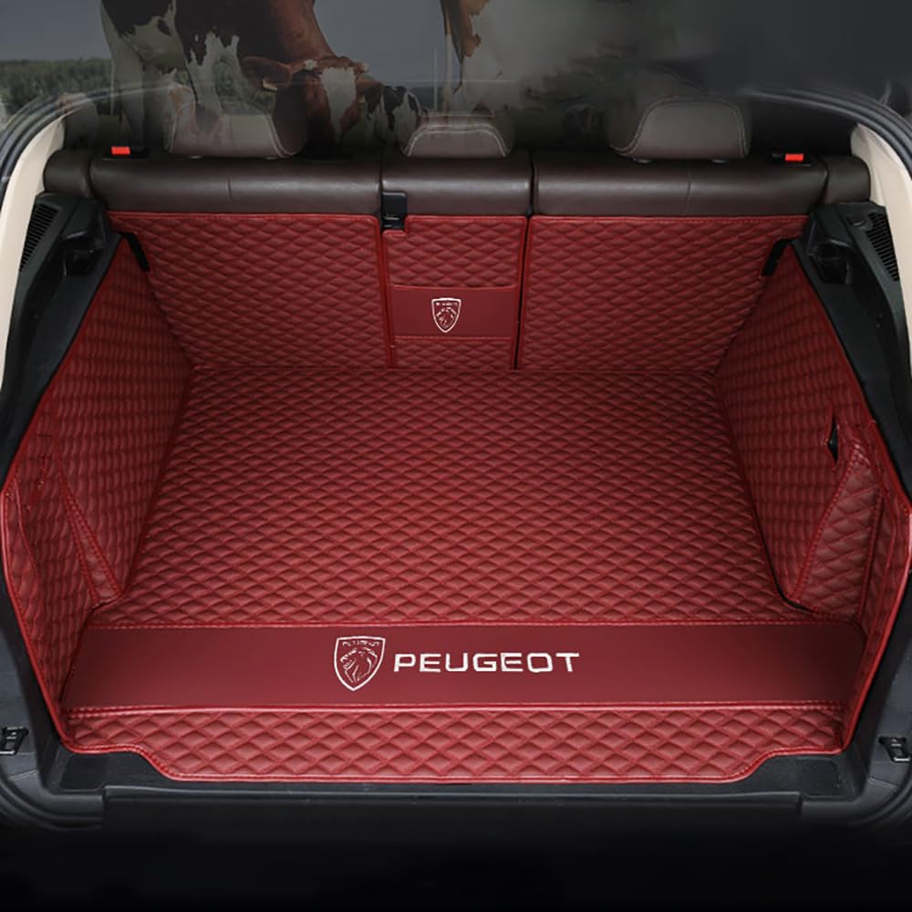 Auto Leder Kofferraummatte für Peugeot 508 SW 2018-2023 2024 Kofferraum Schutzmatte rutschfest Wasserdicht Kofferraumwanne Interieur ZubehöR,Full Surround-Red Style von YPXHCZYJ