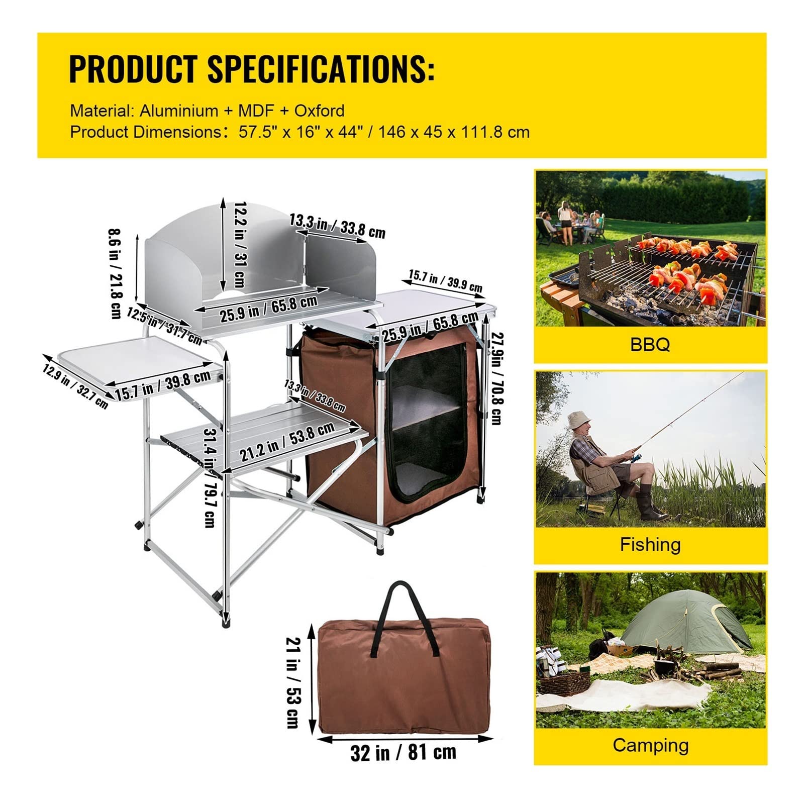 Camping Outdoor Küchentisch Schrank zusammenklappbar klappbar Kochen Lagerregal X-förmige Halterung aus Aluminiumlegierung for BBQ Picknick(Brown with one Bag) von YQVEOT