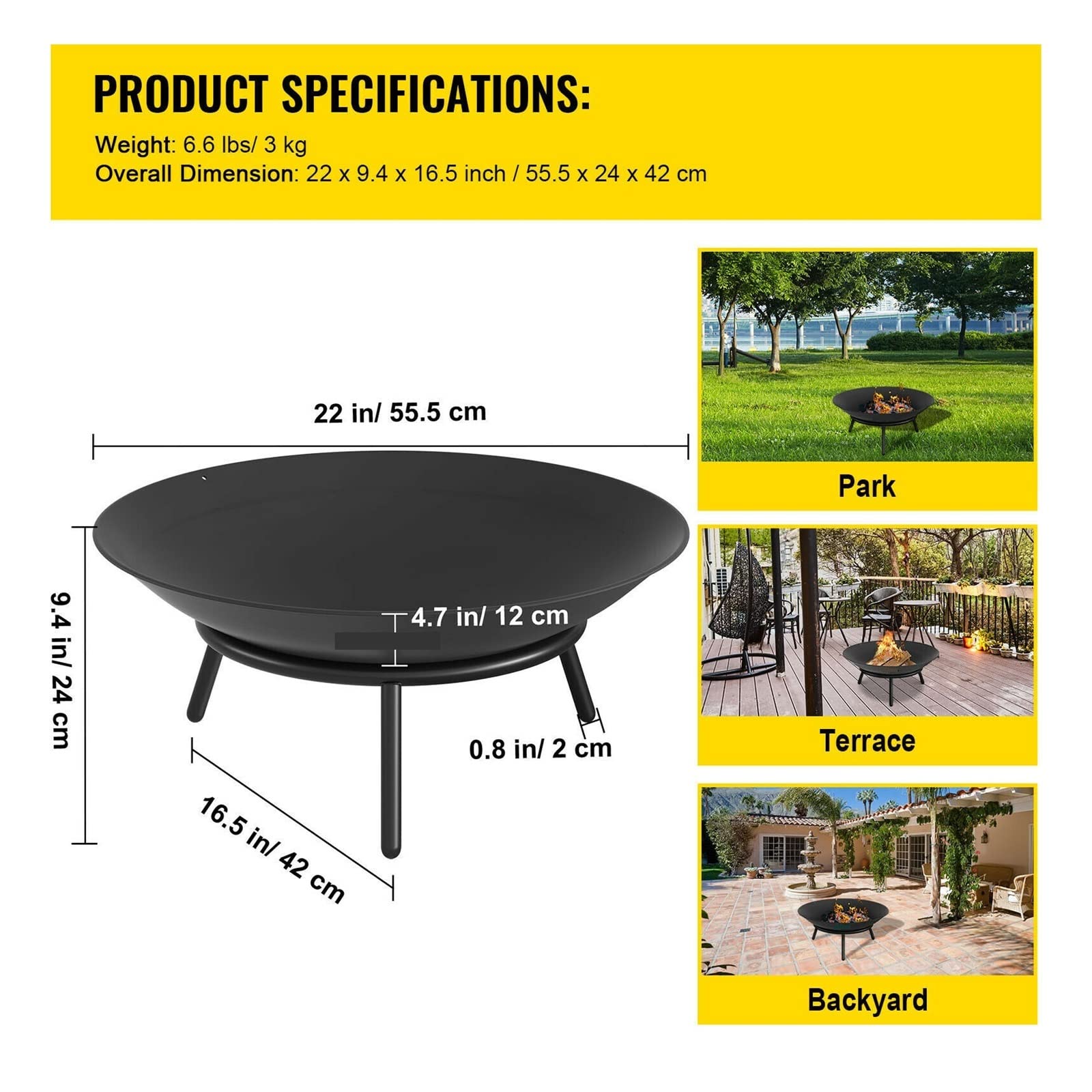 Fire Pit Bowl BBQ Herd Kohlenstoffstahl/Gusseisen for Warmhalten, Außenterrassen, Terrassen, Hinterhöfe, Grills(22 inch) von YQVEOT