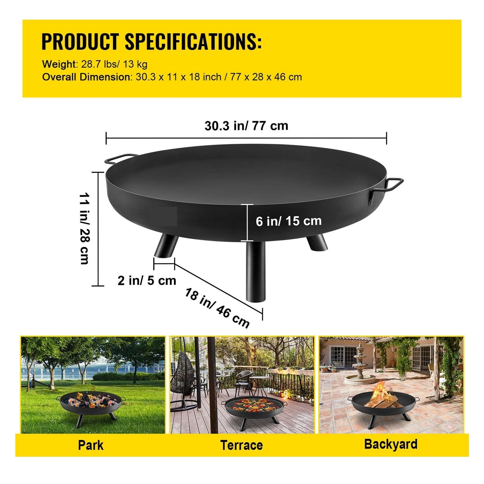 Fire Pit Bowl BBQ Herd Kohlenstoffstahl/Gusseisen for Warmhalten, Außenterrassen, Terrassen, Hinterhöfe, Grills(30 inch Black) von YQVEOT