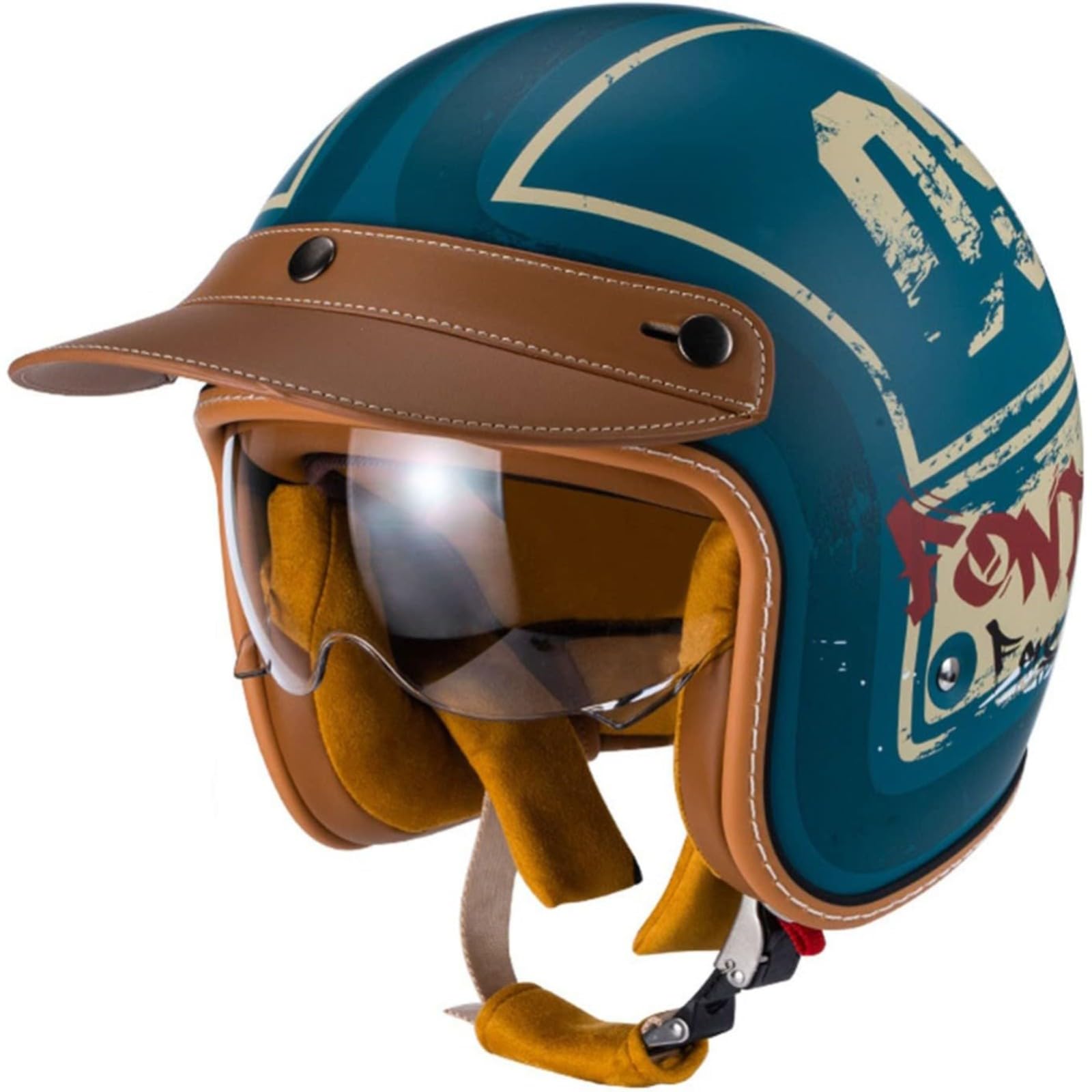 3/4 Vintage Jethelm,ECE-Zulassung Offener Motorradhelm Mit Visier Rollerhelm Mofahelm Retro Bikerhelm Für Erwachsene Herren Damen A,2XL=63~64CM von YQWDWD