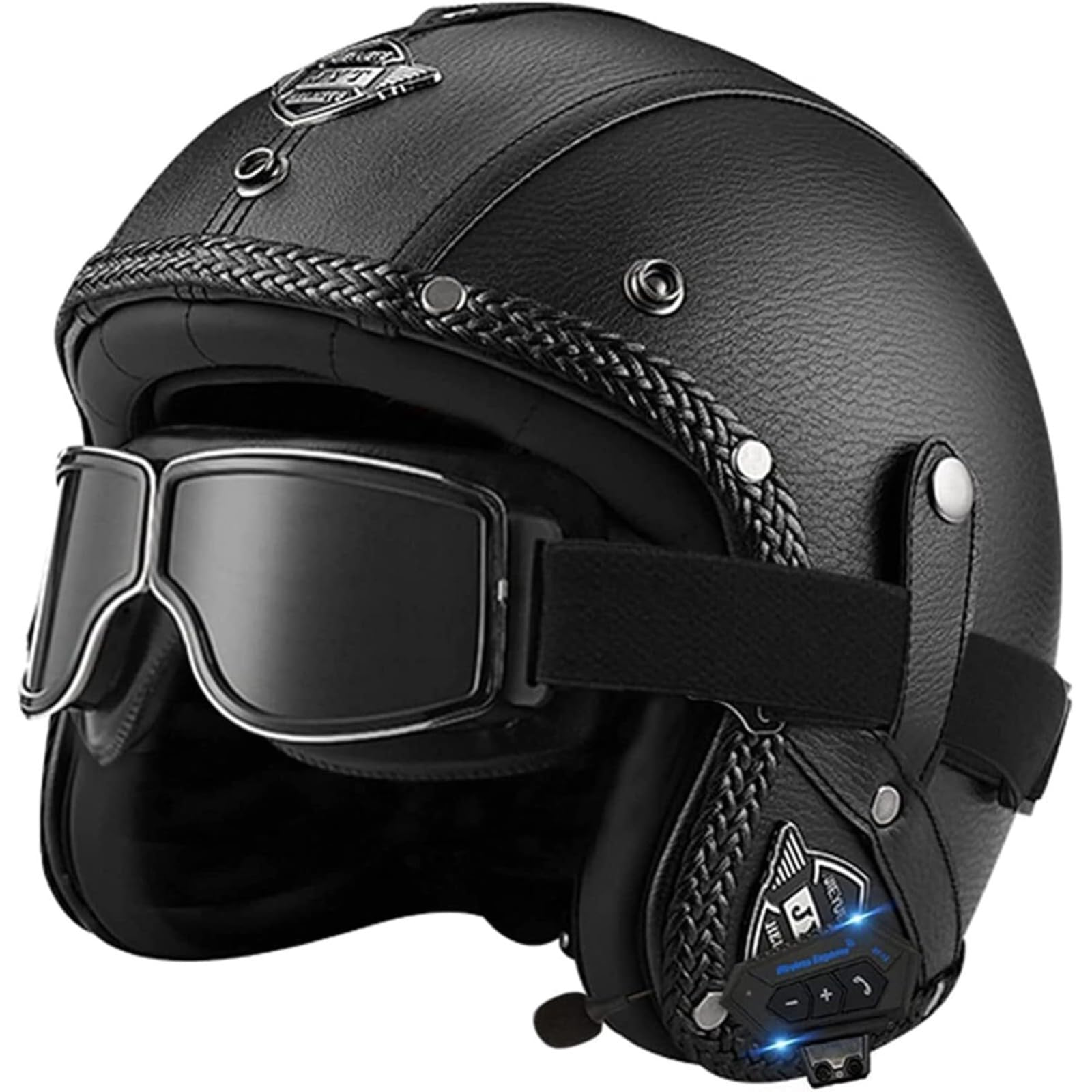 Bluetooth Jethelm Mit Visier, ECE Standard Retro Pilotenhelm Qualitäts-Rollerhelm Für Damen Und Herren, Motorradhelm Mit Schutzbrille A,L=59~60CM von YQWDWD