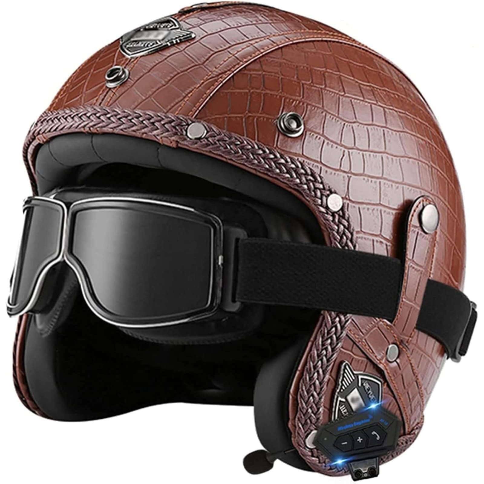 Bluetooth Jethelm Mit Visier, ECE Standard Retro Pilotenhelm Qualitäts-Rollerhelm Für Damen Und Herren, Motorradhelm Mit Schutzbrille D,L=59~60CM von YQWDWD