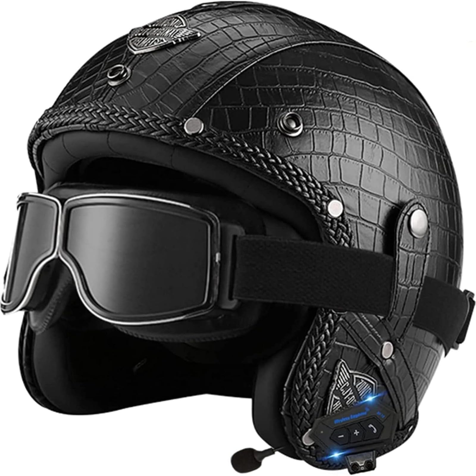 Bluetooth Jethelm Mit Visier, ECE Standard Retro Pilotenhelm Qualitäts-Rollerhelm Für Damen Und Herren, Motorradhelm Mit Schutzbrille E,L=59~60CM von YQWDWD