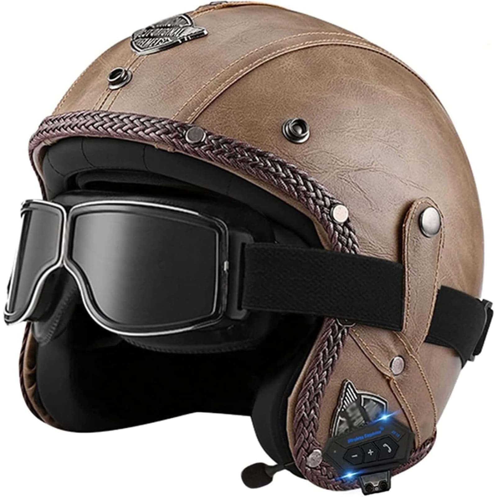 Bluetooth Jethelm Mit Visier, ECE Standard Retro Pilotenhelm Qualitäts-Rollerhelm Für Damen Und Herren, Motorradhelm Mit Schutzbrille F,S=55~56CM von YQWDWD